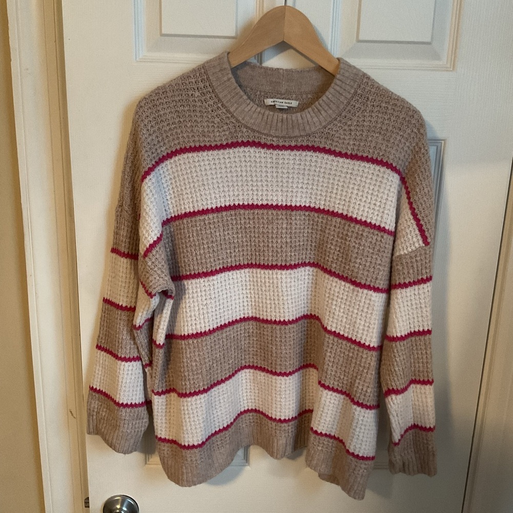 American Eagle tan/pink/white striped sweater size M in good condition